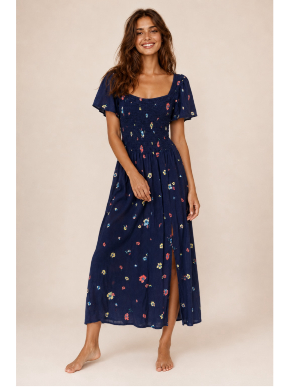 GAP Navy Floral Maxi Dress Smocked Cottagecore Boho Romantic Milkmaid Quiet Luxe